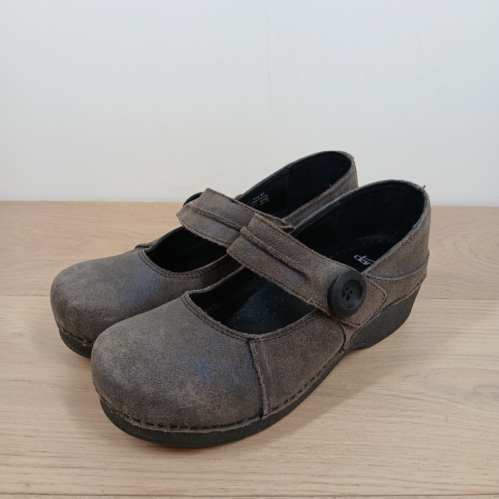 Dansko Womens 14 Mary Jane Clogs Charcoal Grey Suede Button Strap Shoes